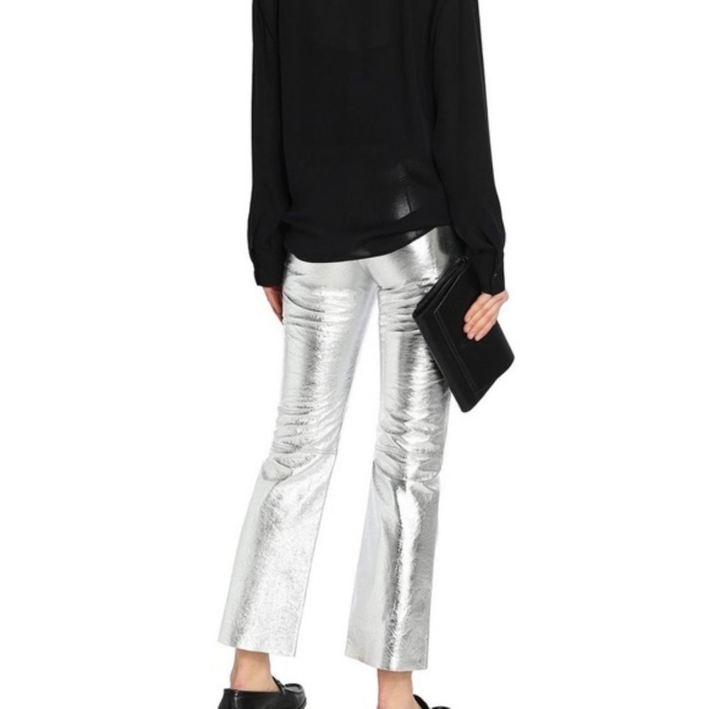 NWT Sandro Leather Devon Silver Cropped Pants - Picture 2 of 8